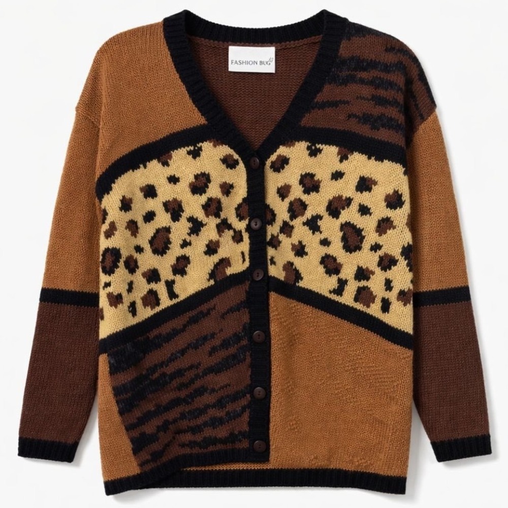 NWT Leopard Tiger Stripe Patchwork Cardigan 18/20 Plus Ramie Cotton Knit